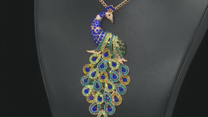 Multi-color Crystal Gold Tone Peacock Necklace Video Thumbnail